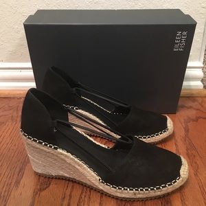 Eileen Fisher Black Suede Espadrille Wedges.